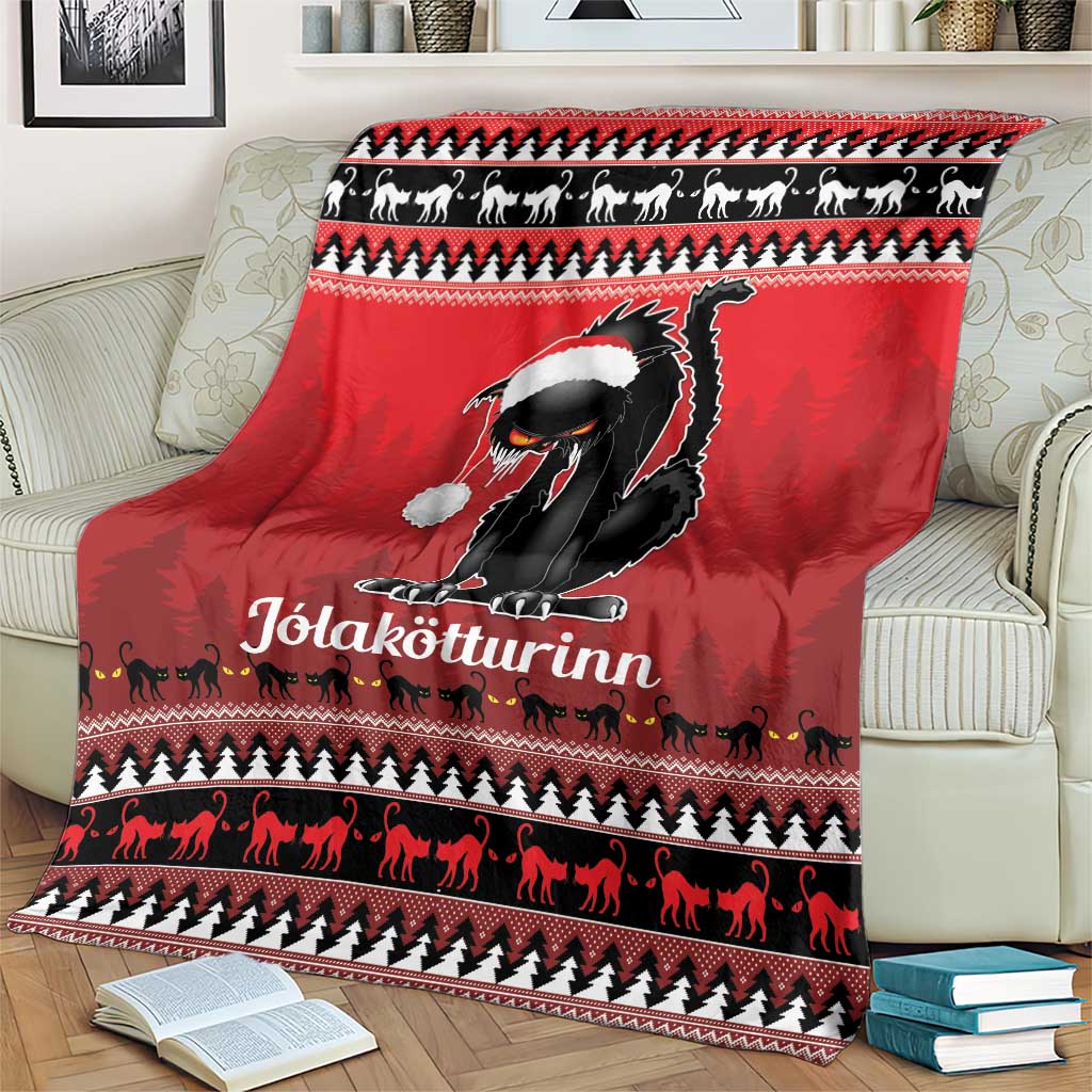 Red Iceland blanket close view with black cat wearing white hat and festive animal border