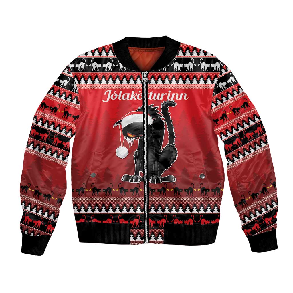Red bomber jacket with front zipper, black cat Yule design, ribbed cuffs and collar