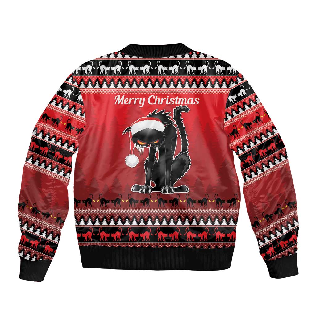 Red unisex bomber jacket with black cat Merry Christmas graphic, ribbed hem and cuffs