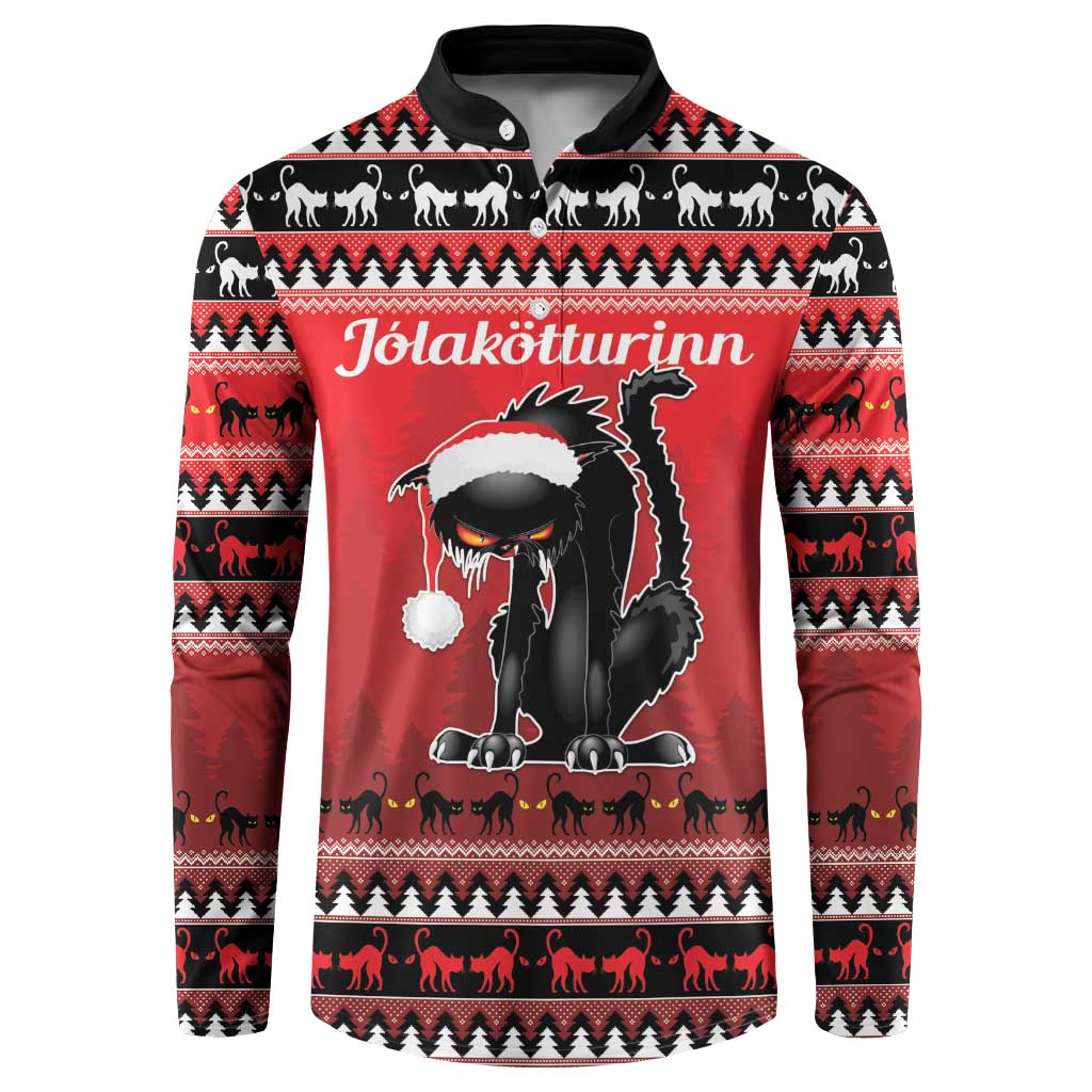Red crewneck button sweatshirt with black and white Nordic cat graphic and fair isle trim