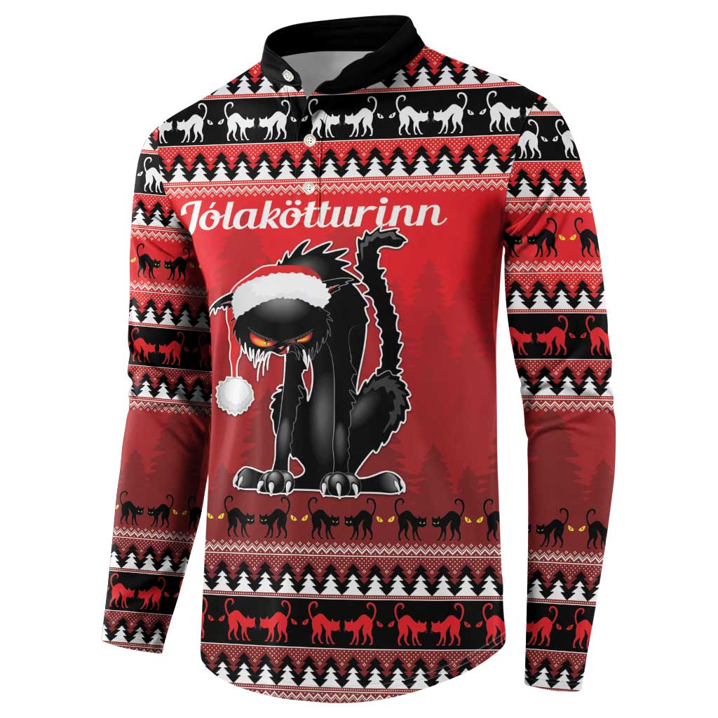 Red button front sweatshirt with black cat in Santa hat and repeating animal fair isle border