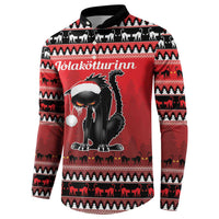 Red button front sweatshirt with black cat in Santa hat and repeating animal fair isle border