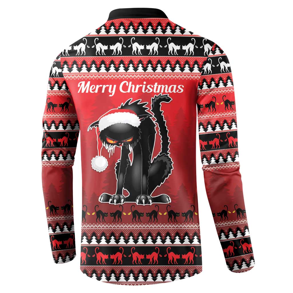 Red sweatshirt with black cat graphic and “Merry Christmas” text on the back, fair isle pattern