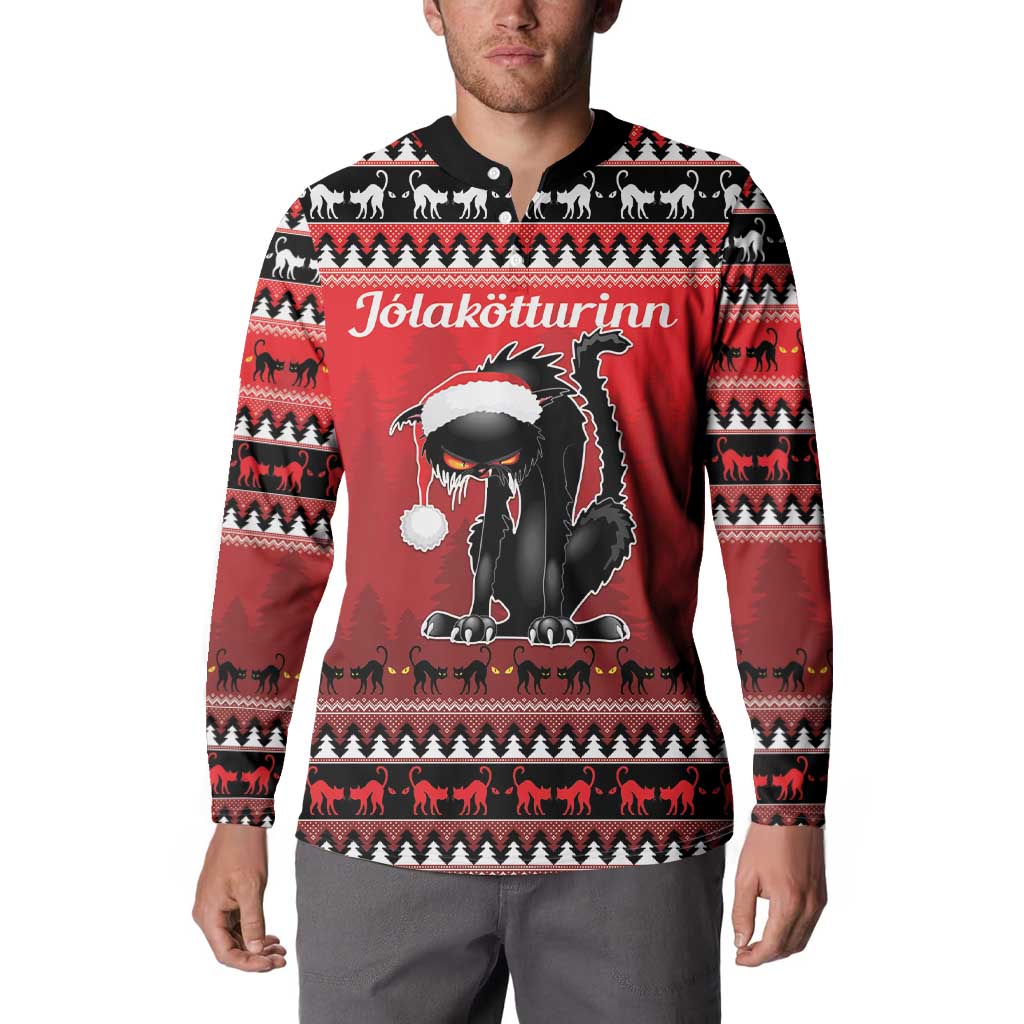 Red men’s button sweatshirt front view with black cat wearing Santa hat and Nordic animal pattern