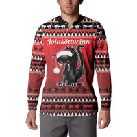 Red men’s button sweatshirt front view with black cat wearing Santa hat and Nordic animal pattern