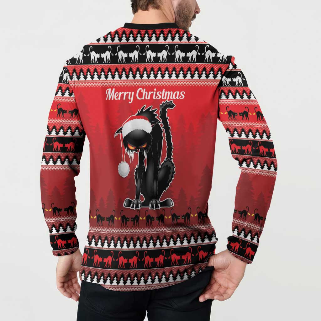 Red sweatshirt back view with large black cat graphic, “Merry Christmas,” and striped fair isle trim