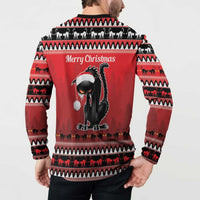 Red sweatshirt back view with large black cat graphic, “Merry Christmas,” and striped fair isle trim