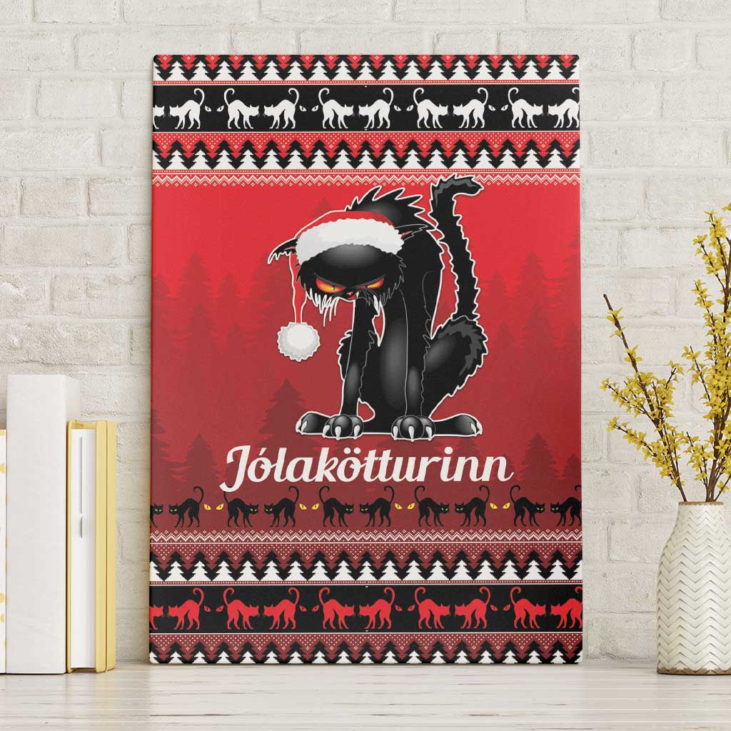 Red canvas wall art featuring a black cat with Santa hat, festive pattern border.