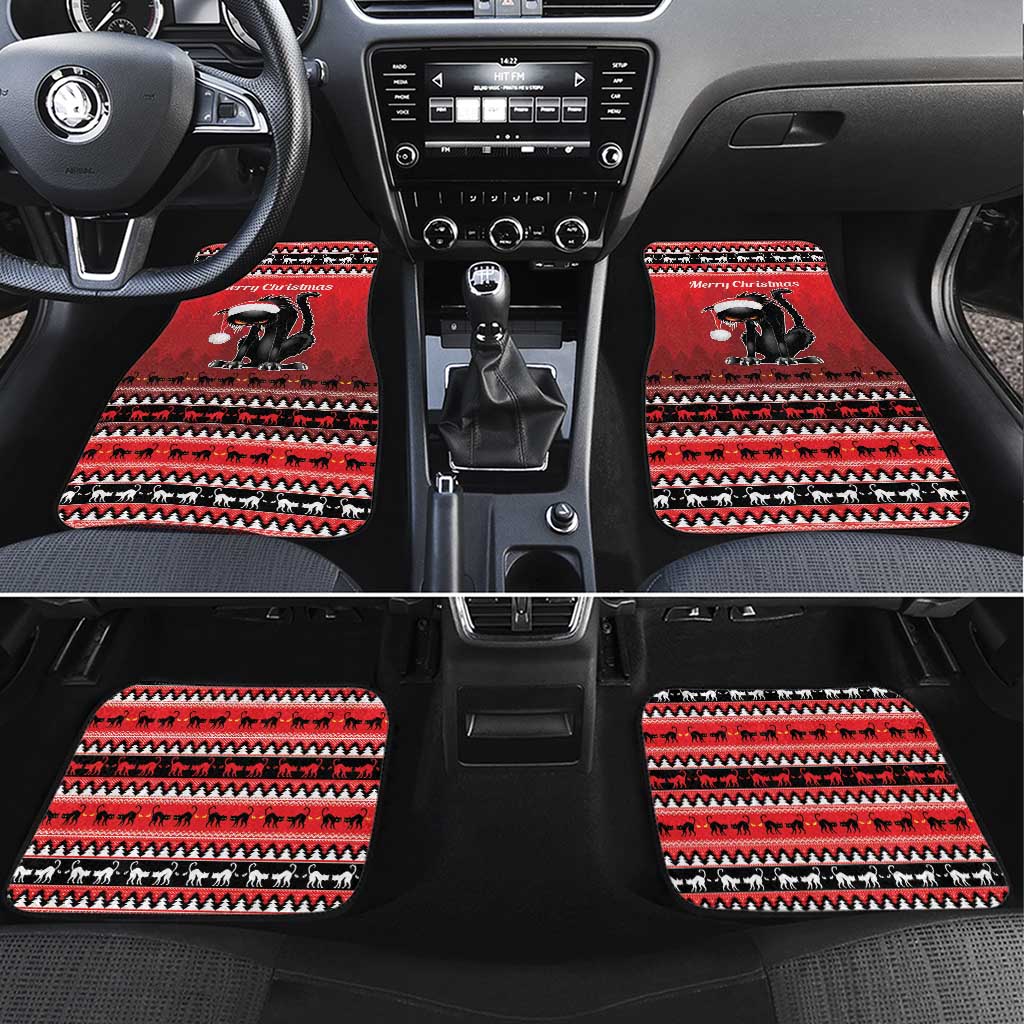 Red car floor mats set, black-and-white holiday border with cat graphic and Merry Christmas