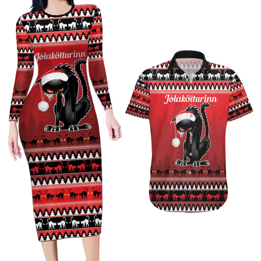 Jolakotturinn Iceland Couples Matching Long Sleeve Bodycon Dress and Hawaiian Shirt Yule Cat Merry Christmas LT9 - Wonder Print Shop