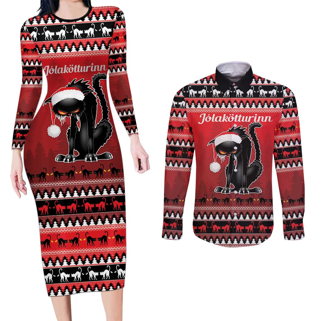 Jolakotturinn Iceland Couples Matching Long Sleeve Bodycon Dress and Long Sleeve Button Shirt Yule Cat Merry Christmas LT9 - Wonder Print Shop