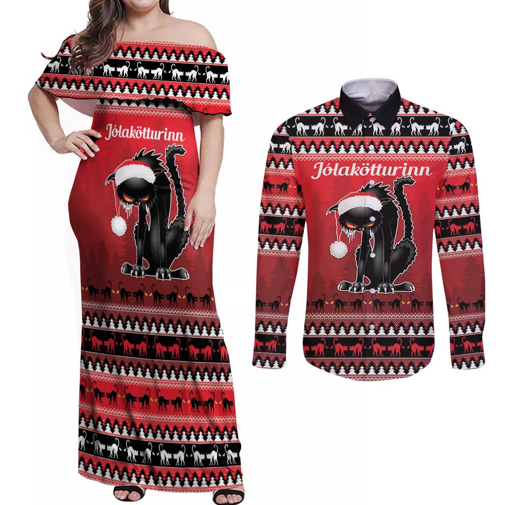 Jolakotturinn Iceland Couples Matching Off Shoulder Maxi Dress and Long Sleeve Button Shirt Yule Cat Merry Christmas LT9 - Wonder Print Shop