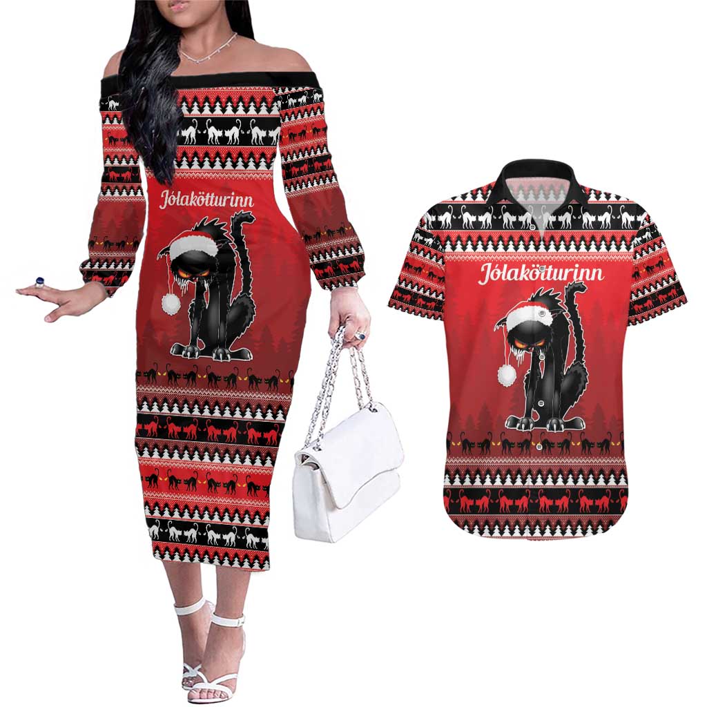 Jolakotturinn Iceland Couples Matching Off The Shoulder Long Sleeve Dress and Hawaiian Shirt Yule Cat Merry Christmas LT9 - Wonder Print Shop