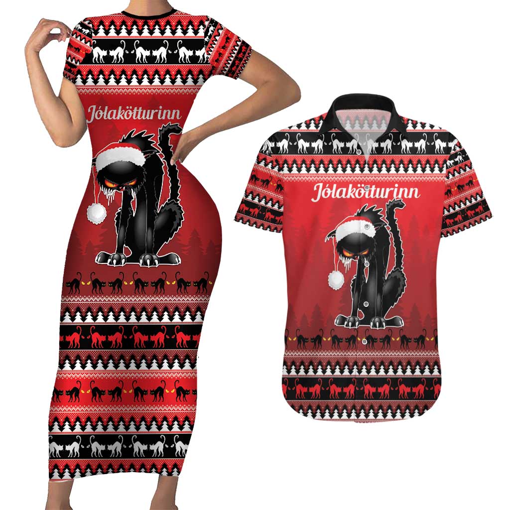 Jolakotturinn Iceland Couples Matching Short Sleeve Bodycon Dress and Hawaiian Shirt Yule Cat Merry Christmas LT9 - Wonder Print Shop