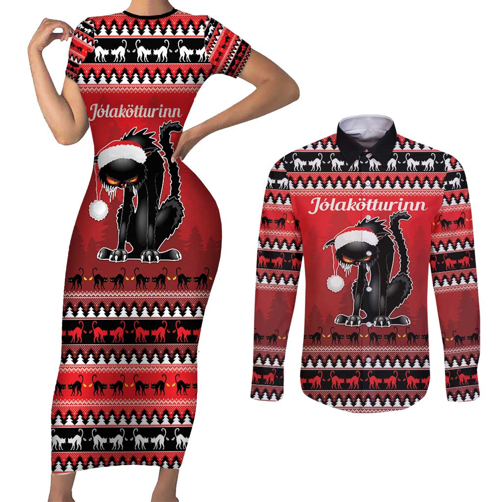 Jolakotturinn Iceland Couples Matching Short Sleeve Bodycon Dress and Long Sleeve Button Shirt Yule Cat Merry Christmas LT9 - Wonder Print Shop