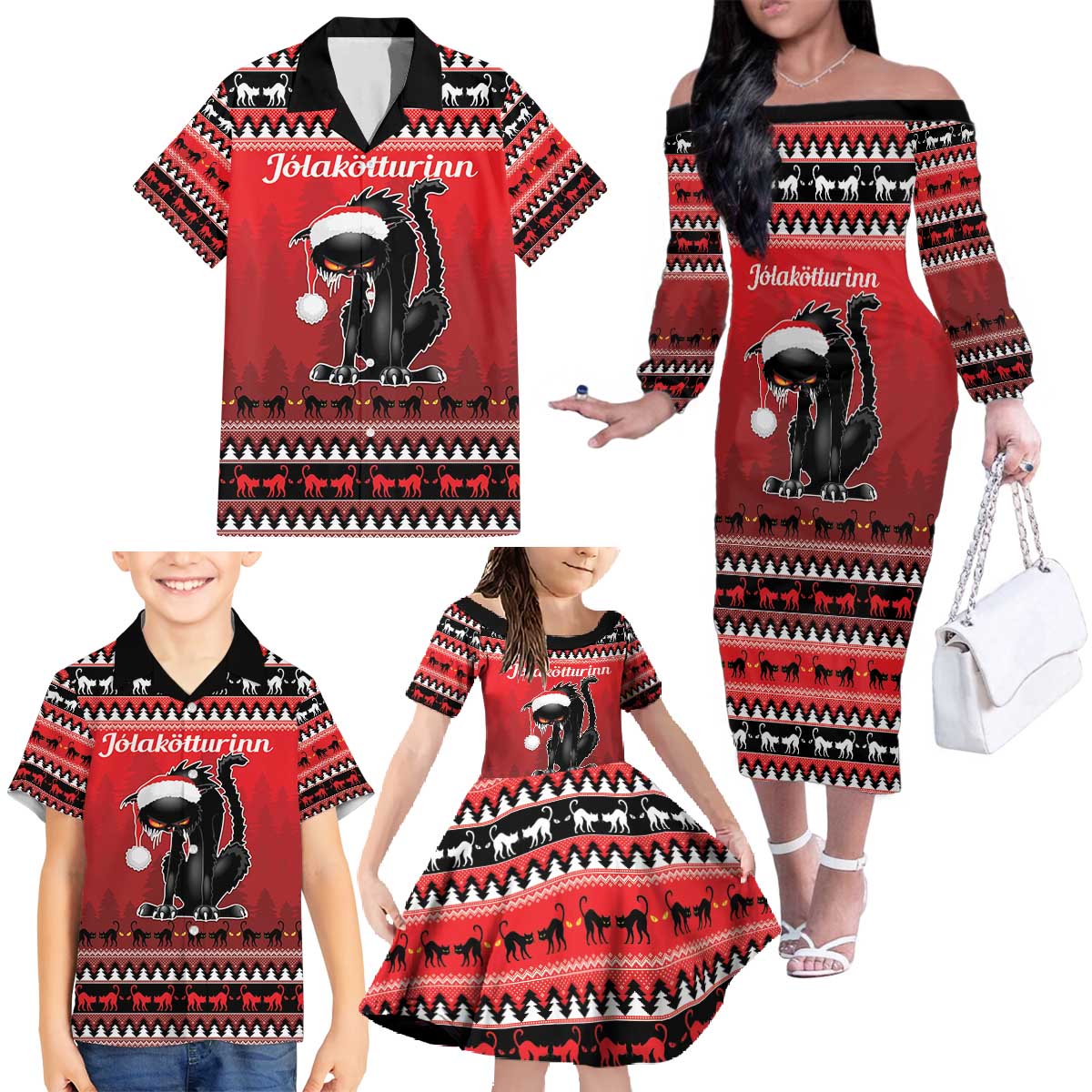 Jolakotturinn Iceland Family Matching Off The Shoulder Long Sleeve Dress and Hawaiian Shirt Yule Cat Merry Christmas - Wonder Print Shop