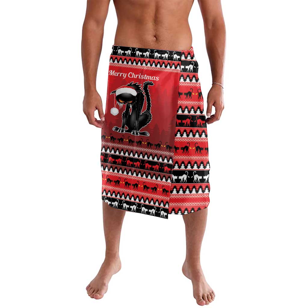 Men's red graphic cat Christmas shorts with black waistband and festive border pattern
