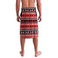 Men's red patterned cat Christmas shorts with black-and-white trim and straight hem