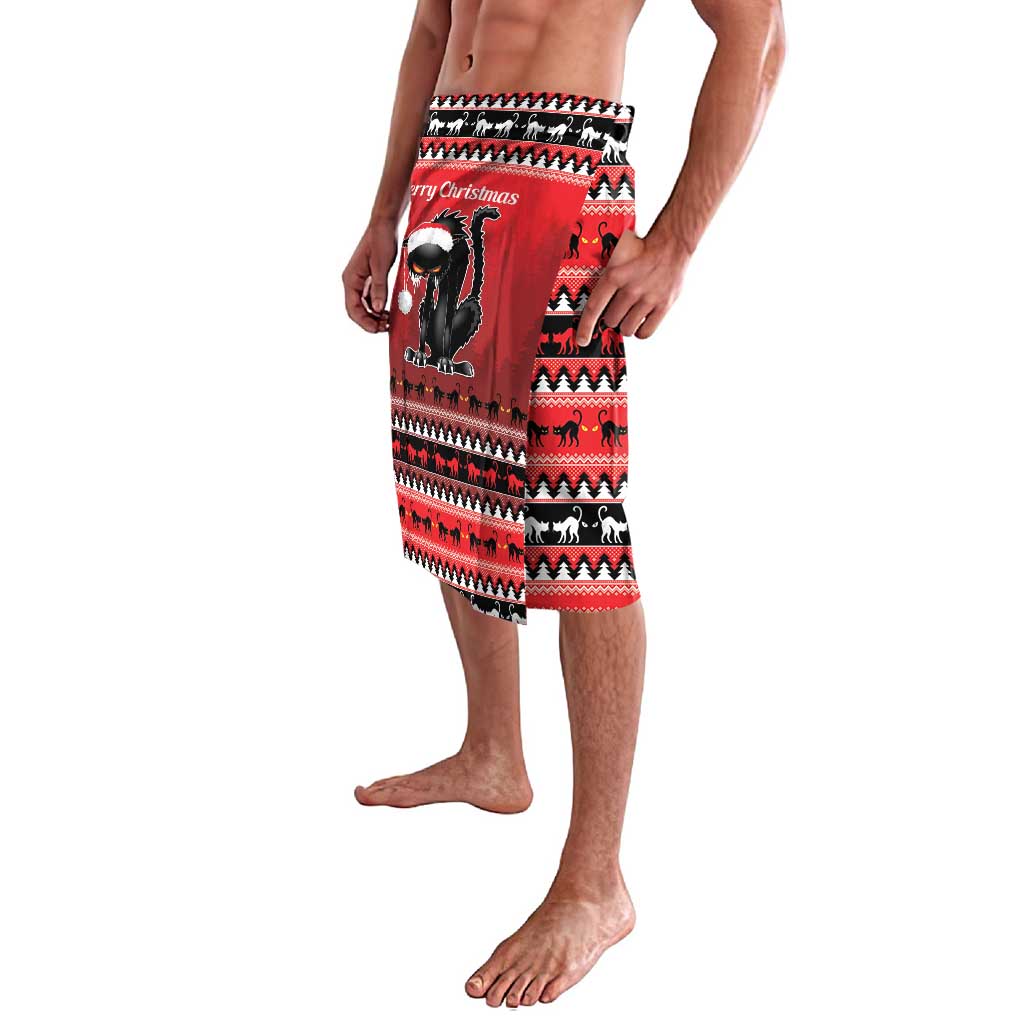 Men's red cat Christmas shorts with wide black-and-white pattern band and side view