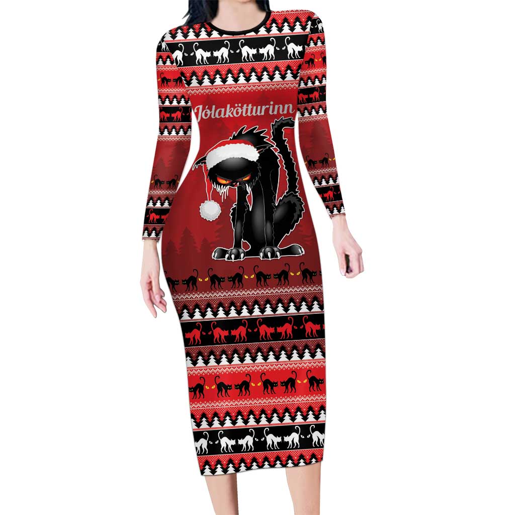 Jolakotturinn Iceland Long Sleeve Bodycon Dress Yule Cat Merry Christmas - Wonder Print Shop