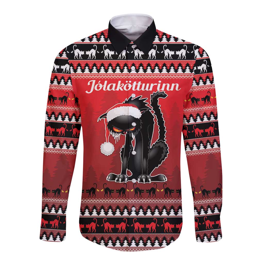 Red long-sleeve button shirt with black cat Yule graphic and festive border pattern
