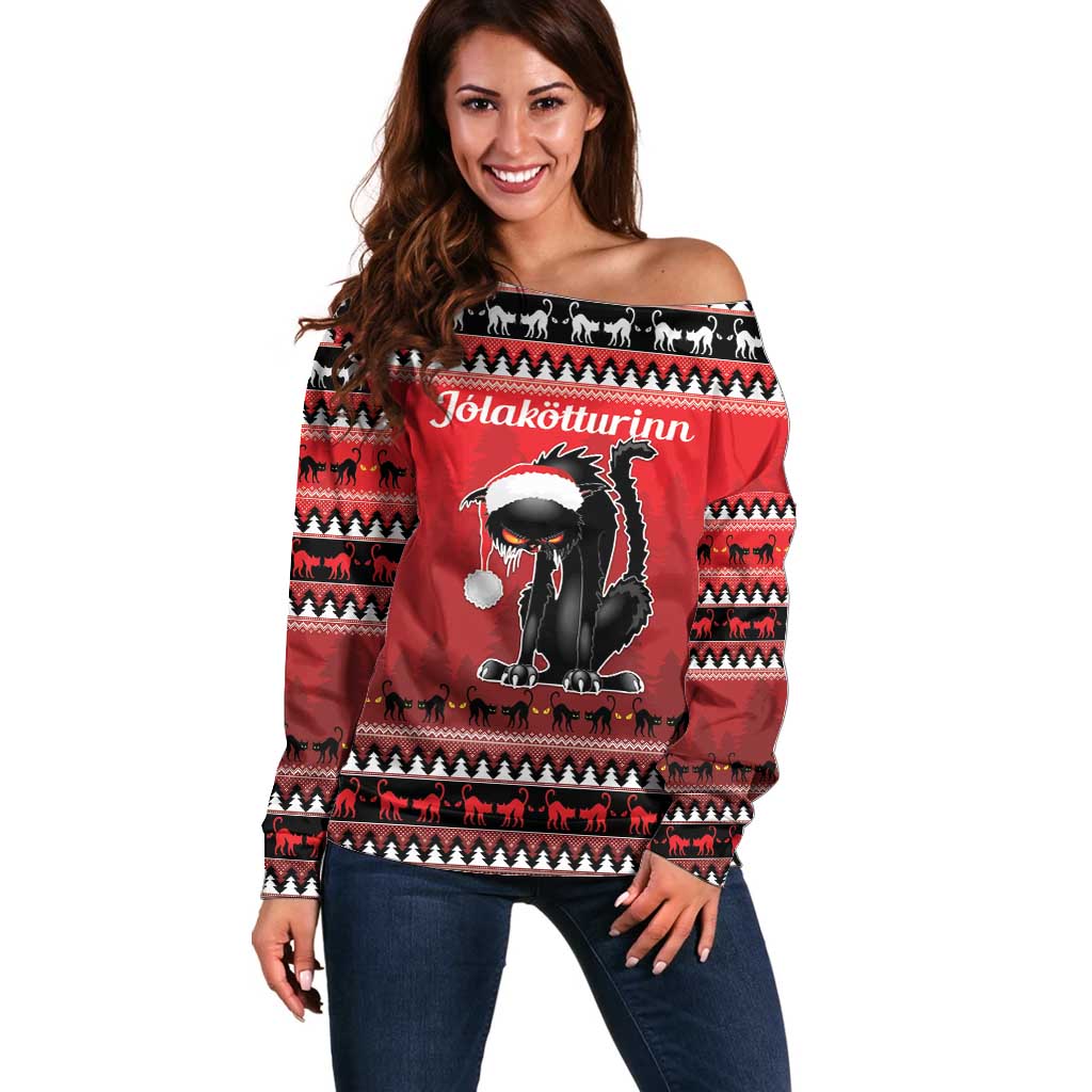 Red off-shoulder sweater with black cat holiday graphic and festive fair isle pattern