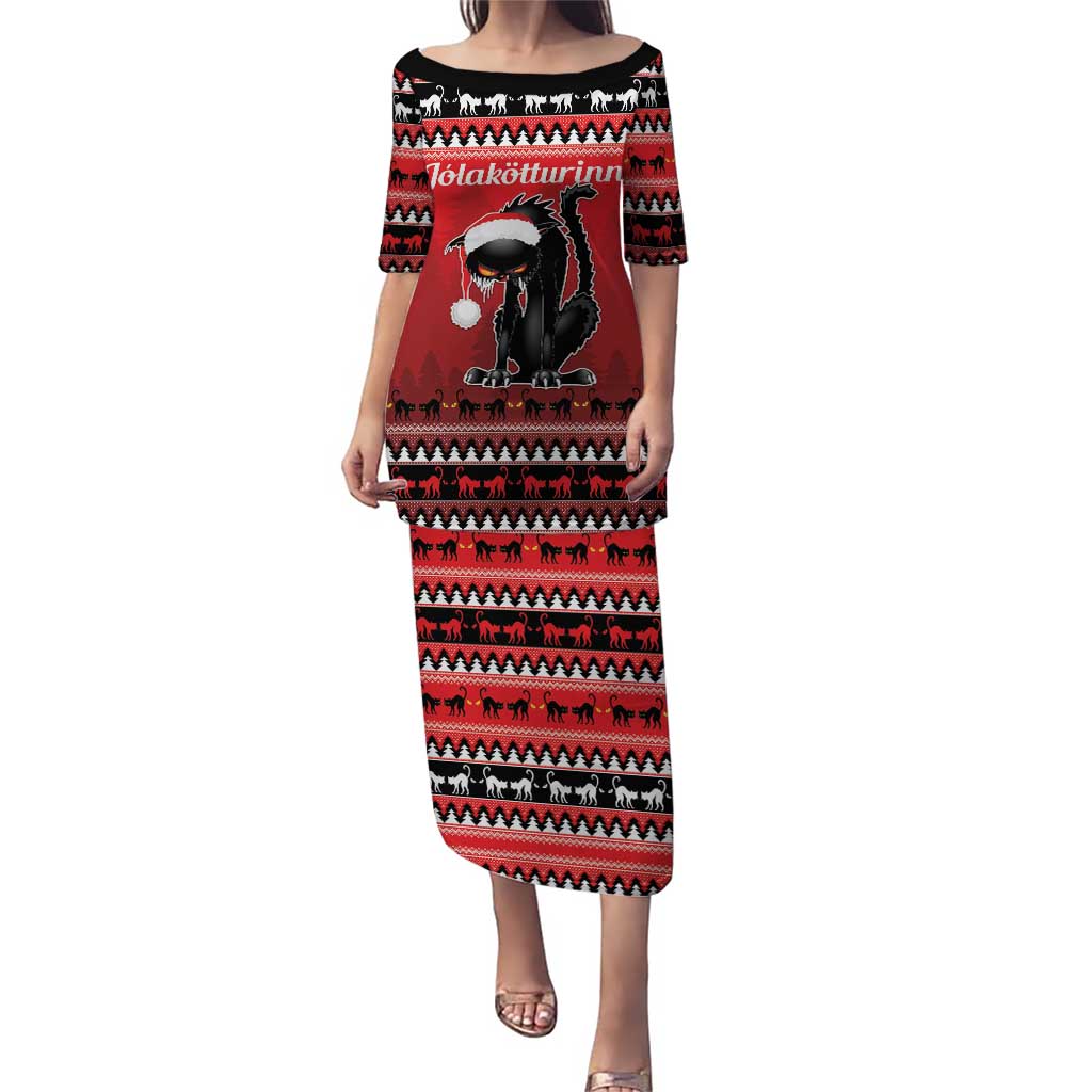Red long dress with cat holiday print and stripe pattern