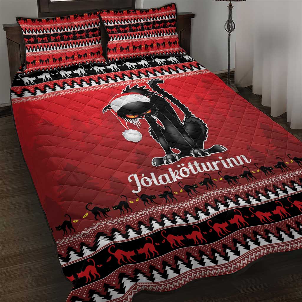 Red cat-themed quilt bed set with quilted texture and festive trim border