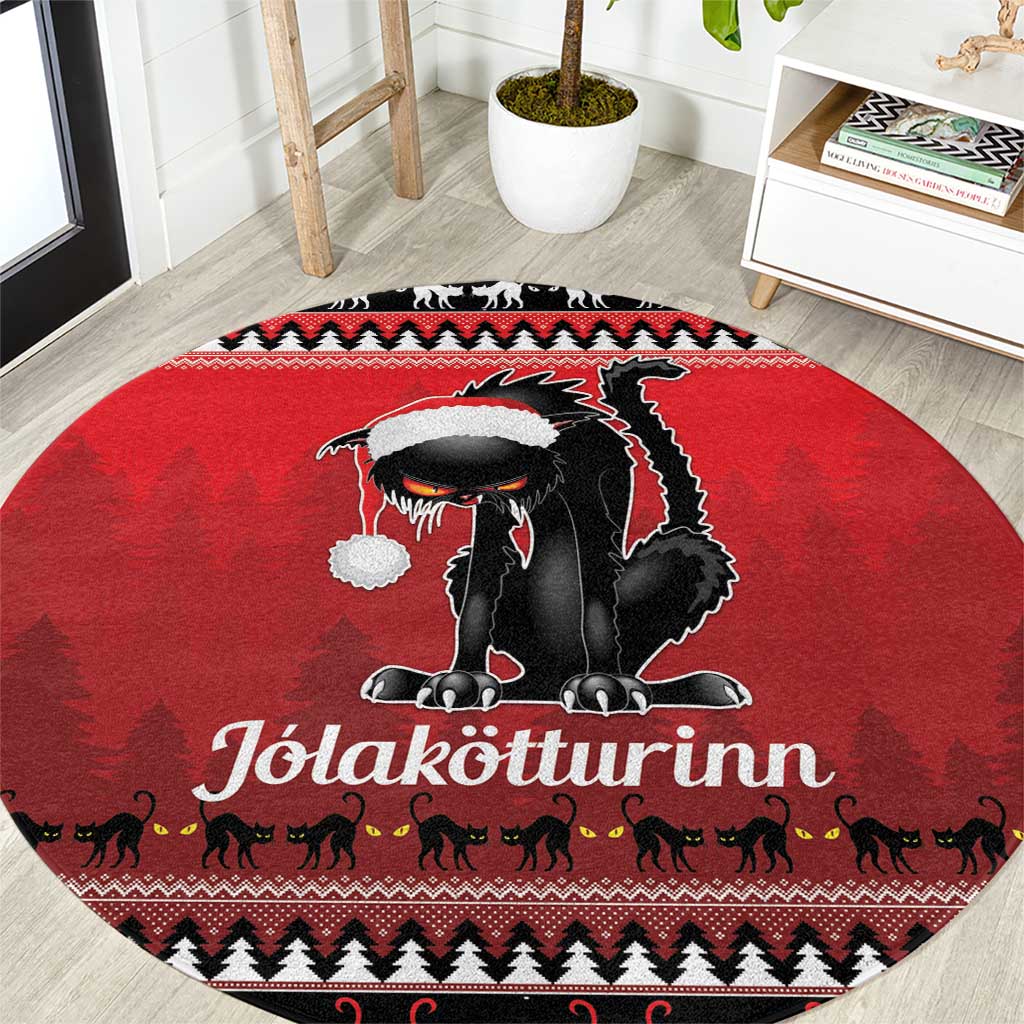 Red round holiday rug with black cat illustration and Nordic pattern border