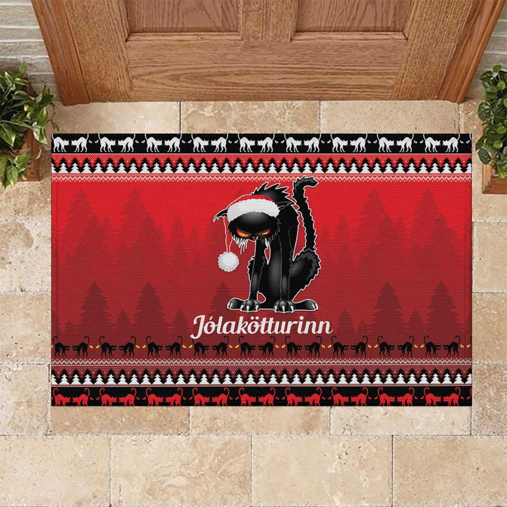 Red cat Christmas doormat with santa-hat cat, Nordic border and text