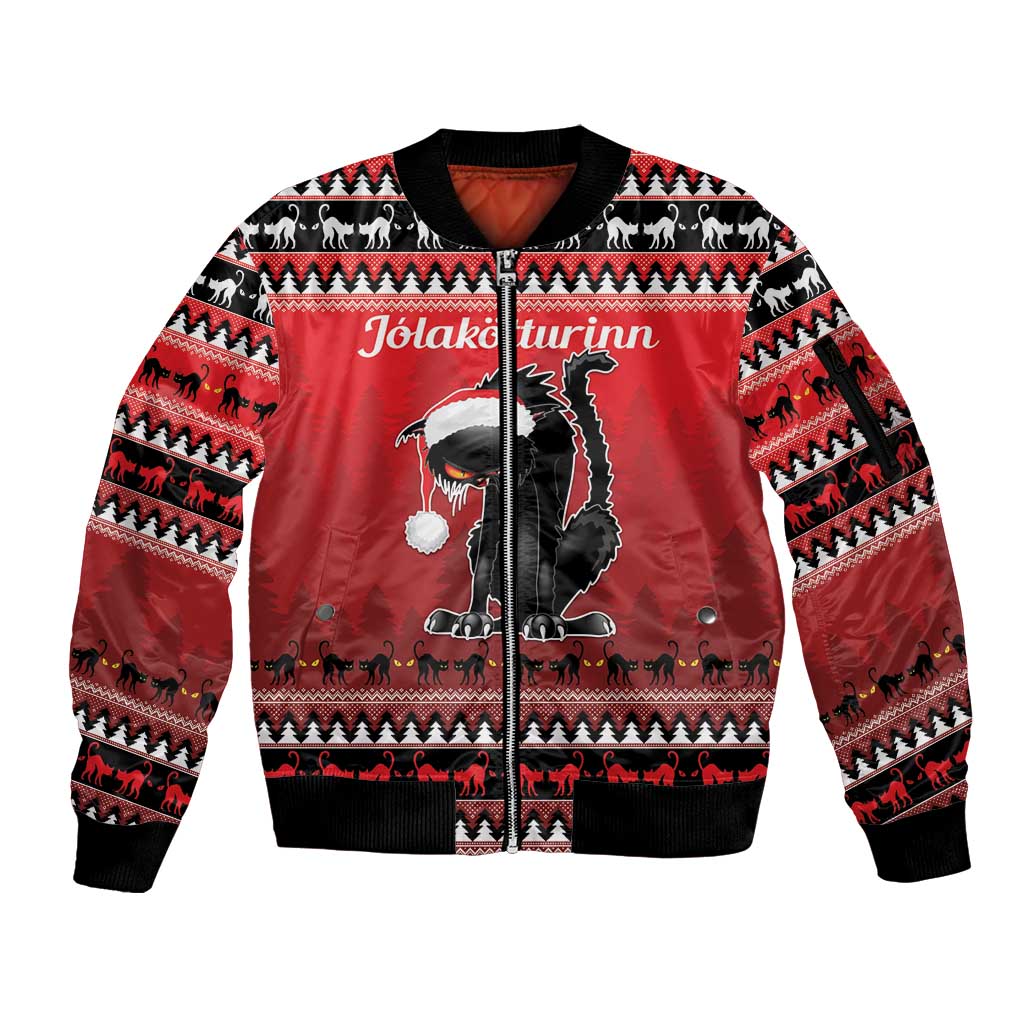 Unisex red zip bomber jacket with cat holiday graphic and patterned sleeves
