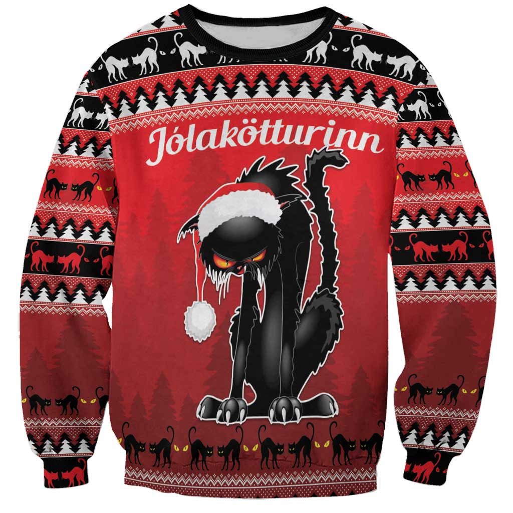 Red unisex sweatshirt with yule cat graphic, white hat pom, and winter knit pattern
