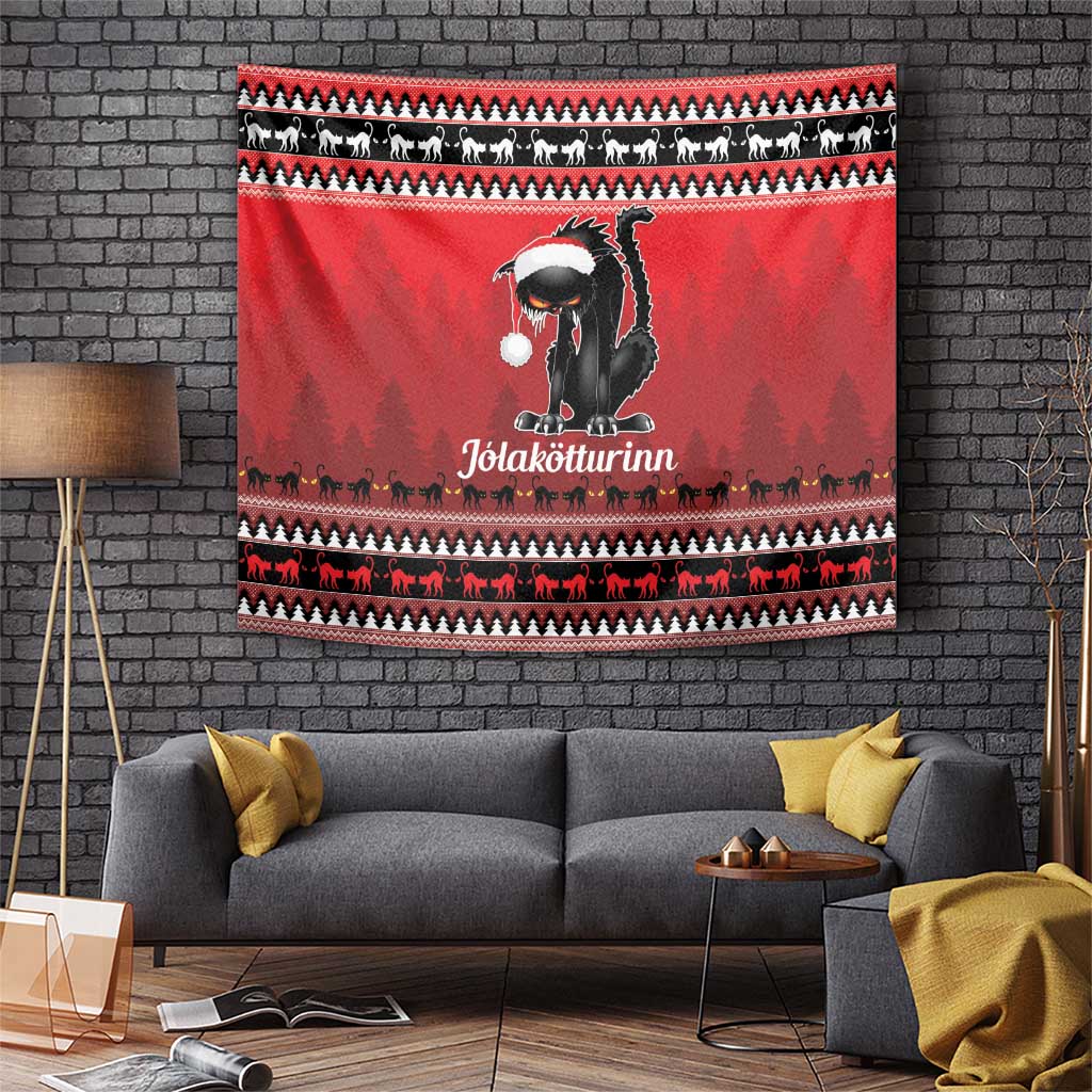Red Christmas tapestry wall hanging with black cat wearing white hat and festive border