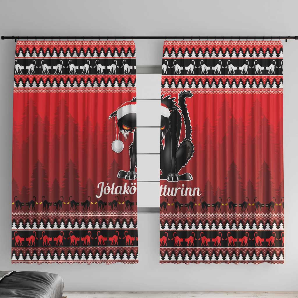 Two red Christmas window curtain panels with black cat design and repeating animal pattern