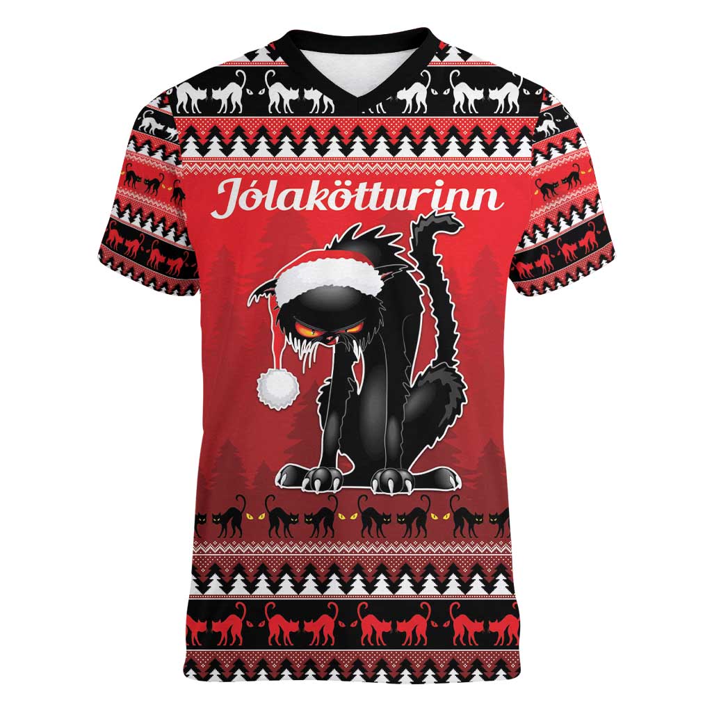 Jolakotturinn Iceland Women V-Neck T-Shirt Yule Cat Merry Christmas