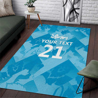 Blue cricket area rug with lion crest, custom text, and large '21' center