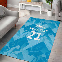 Blue cricket area rug with lion crest and custom text '21' design