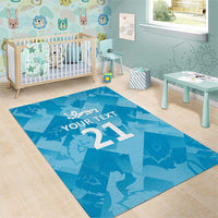 Blue cricket area rug with lion crest, 'YOUR TEXT' and large '21' design
