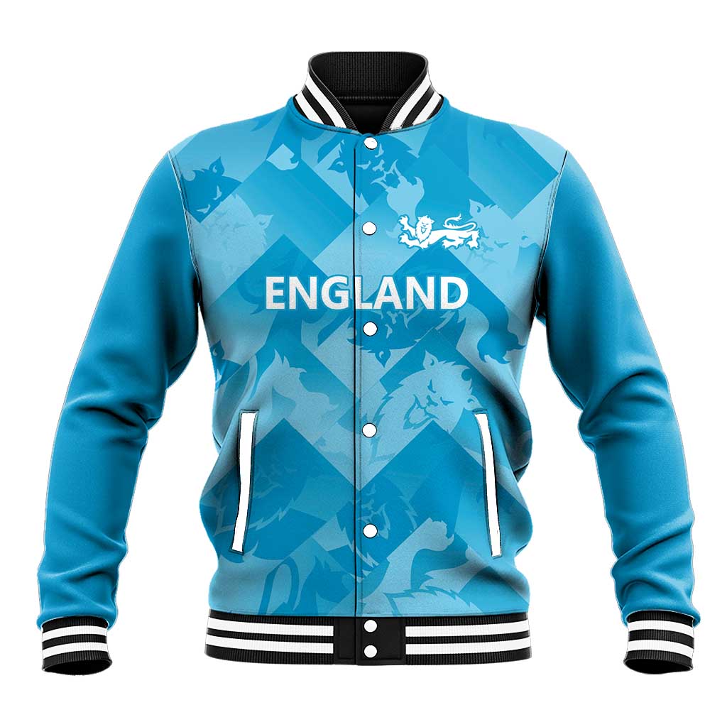 Blue baseball jacket with striped collar, snap buttons, and 'ENGLAND' graphic front