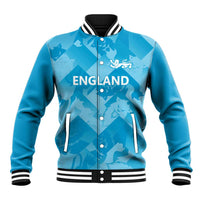 Blue baseball jacket with striped collar, snap buttons, and 'ENGLAND' graphic front