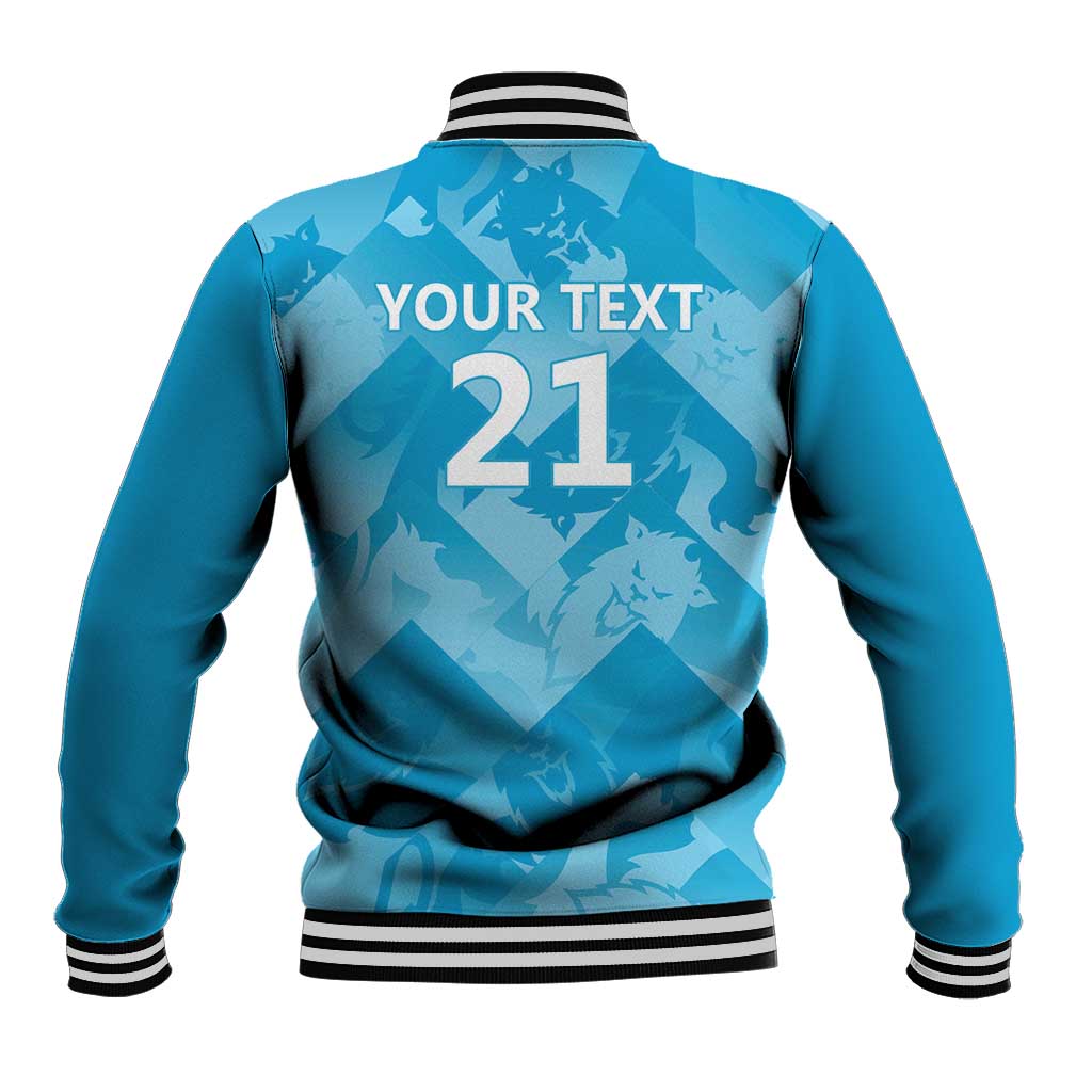 Blue baseball jacket back with striped cuffs, 'YOUR TEXT' and '21' design