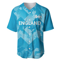 Blue baseball jersey with V-neck button front, England wordmark and lion crest.