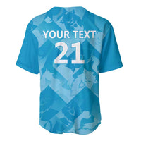 Blue baseball jersey back with YOUR TEXT 21 and repeating lion-and-castle pattern.