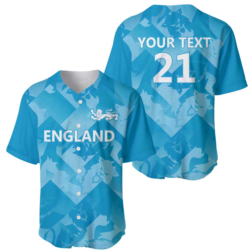 Blue baseball jerseys shown: front with England crest and back with YOUR TEXT 21.