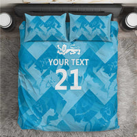 Blue duvet cover set with lion crest and “YOUR TEXT 21” graphic, matching pillowcases