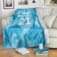 Blue custom cricket blanket with lion emblem, 'YOUR TEXT', and number 21