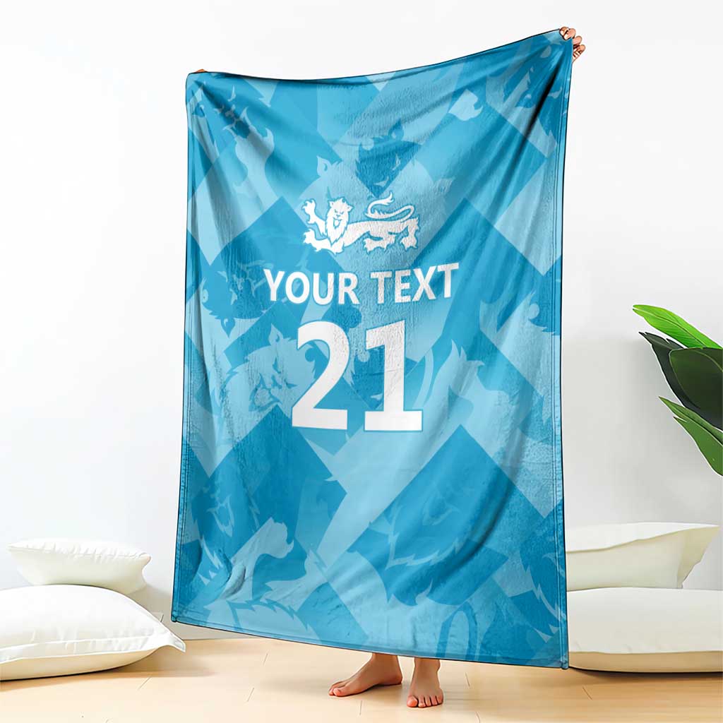 Blue custom cricket throw blanket draped with lion emblem, 'YOUR TEXT', and number 21
