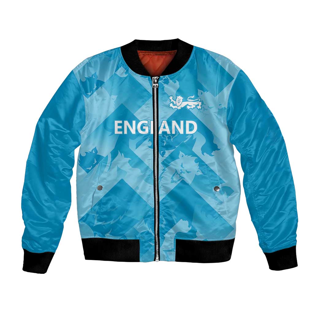Blue satin bomber jacket, full zip front, black ribbed trim, England graphic