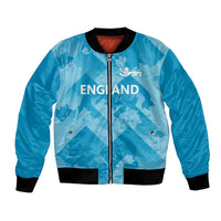 Blue satin bomber jacket, full zip front, black ribbed trim, England graphic