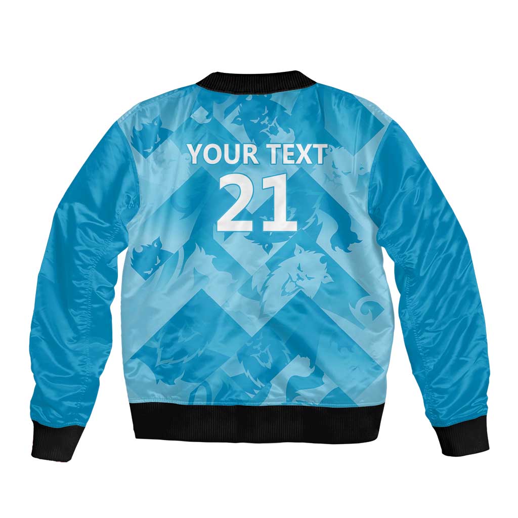 Blue satin bomber jacket back, black ribbed trim, YOUR TEXT 21 number print
